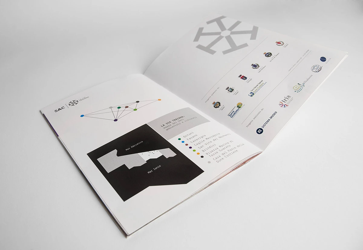 Foto ravvicinate della stampa della mappa e delle infografiche per i SAC Regione Puglia - La Via Traiana, il marchio diventa texture grafica