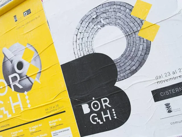 Borghi doppio poster pubblicitario con due diverse illustrazioni, fondo bianco e giallo