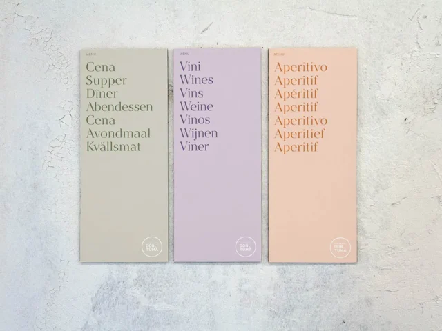 Design dei menu per la ristorazione in diverse lingue per il ristorante Don Tuma di Masseria Cuturi, progetto grafico e tipografico di Usopposto